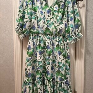 Elegant Floral Midi Dress in Green and Blue